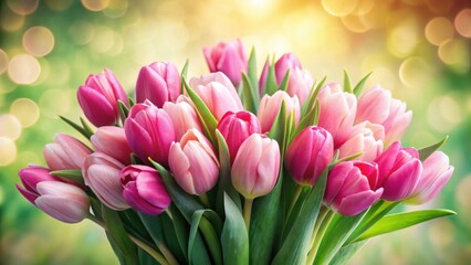 Obraz premium A vibrant bouquet of pink and light pink tulips, elegantly arranged, basking in the warm glow of a sunlit background.