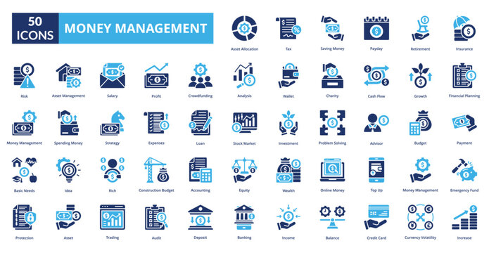 Money Management fill icon collection set. Includes business, money, finance, investment, banking, financial, management, economy, budget, profit, income