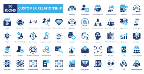 customer relationship icon fill collection set. Includes icon customer analytics, advocacy, care, onboarding, success, client, interaction