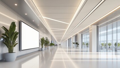 3D rendering of a blank billboard in an airport corridor with a white background for an advertising mockup template.