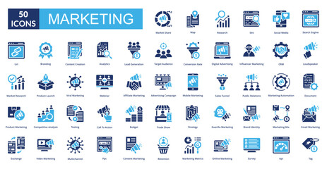 Marketing fill icon collection set. Includes selling, trade, promotion, purchase, retail, traffic, commerce, sale, shopping, buy