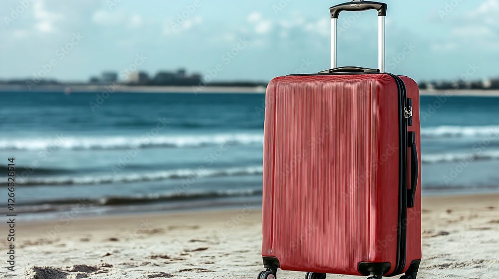 Poster Close view of a stylish red suitcase with ocean and beach background : Generative AI