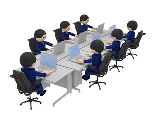 たくさんの机が並ぶオフィスで、ノートパソコンを操作して仕事するビジネスマンたち
