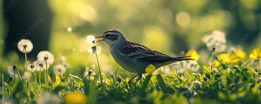Poster charming bird interacting with dandelion seeds in a lush field filled with golden flowers and soft l