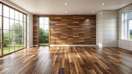 Fototapeta premium Sunlight streams through large windows illuminating a spacious room with hardwood floors and a wood-paneled accent wall