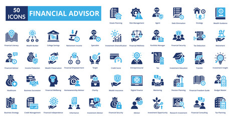 Financial Advisor fill icon collection set. Includes meeting, office, financial, business, finance, talking, client, company, planning, consulting, investment, conversation