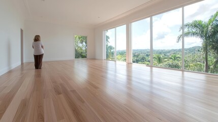 Fototapeta premium Empty Modern Room with Hardwood Floors and Panoramic Views