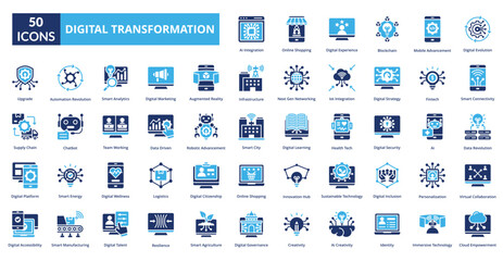 Digital Transformation fill icon collection set. Includes evolution, progress, technology, transformation, digital, information, concept, innovation