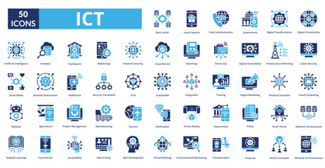 Information and Communication of Technology (ICT) fill icon collection set. Includes technology, communication, information, network, business, internet, digital, connection, system