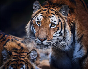 Fototapeta premium A majestic tiger gazes intensely while another tiger rests beside it in a dimly lit forest.