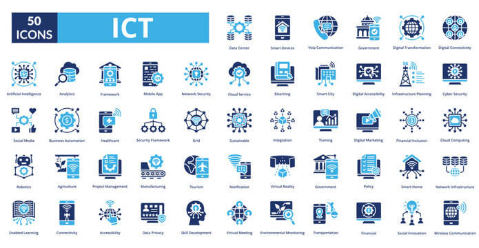 Information and Communication of Technology (ICT) fill icon collection set. Includes technology, communication, information, network, business, internet, digital, connection, system