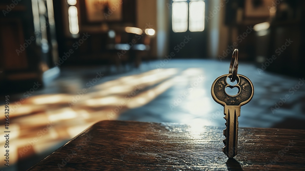 Leinwandbilder heart shaped key standing upright on a rustic wooden table surrounded by soft lighting in a cozy set