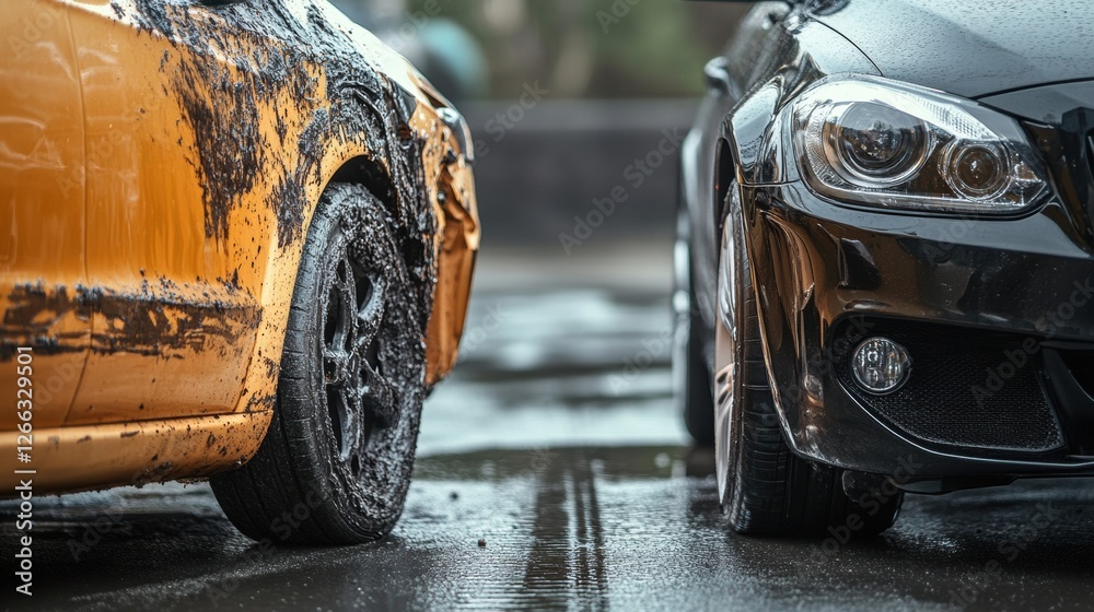 Poster Scratched dirty car versus shiny polished car in a side by side comparison at an urban location. Generative AI
