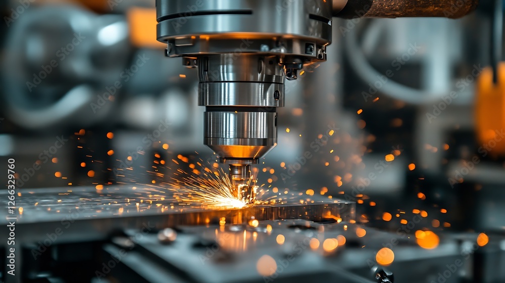 Aufkleber high precision cnc machine cutting metal with sparks flying in a modern manufacturing environment : 