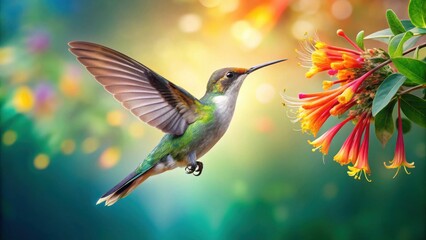 Fototapeta premium A Vibrant Hummingbird in Flight, Gracefully Hovering Near a Cluster of Blossoms, Its Wings Spread Wide in a Stunning Display of Nature's Beauty