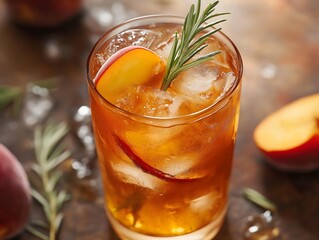 Peach cocktail with ice and rosemary garnish on rustic background