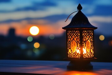 Ornate lantern glows at sunset, city lights blurred. Perfect for Ramadan, peace, hope, or religious themes.