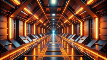 Futuristic Corridor Glowing Orange Neon Lights Illuminate a Sleek, Modern Metal Passageway