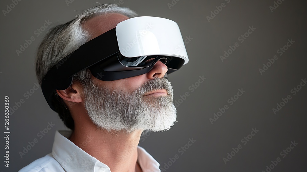 Poster older man wearing sleek virtual reality headset with a modern design immersed in a thoughtful experi
