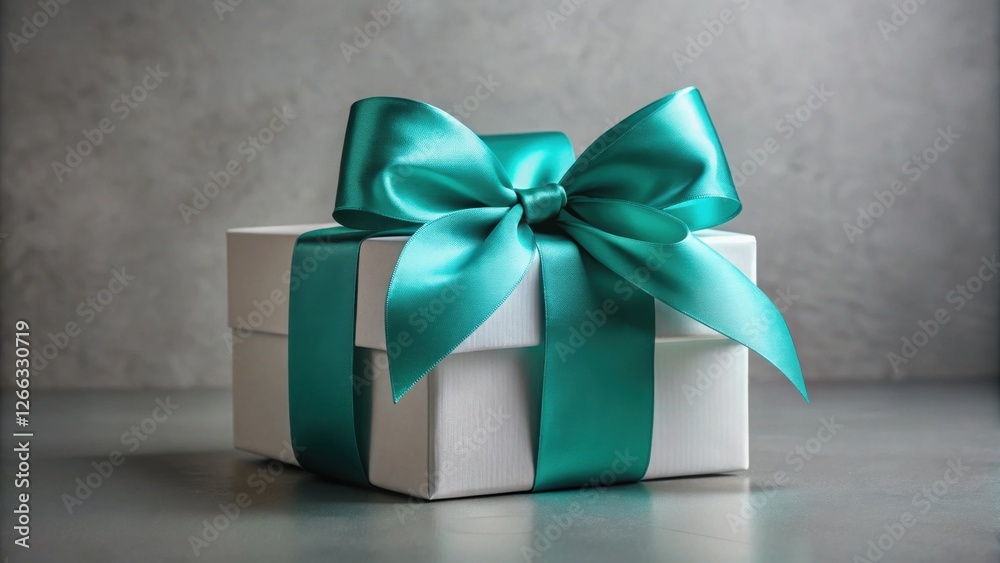 Wall mural A meticulously wrapped present, showcasing a pristine white box adorned with a vibrant teal satin ribbon, tied in a perfect bow, rests on a smooth, neutral surface.