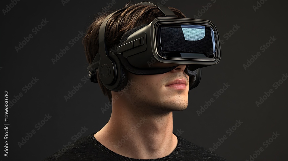 Poster young man experiencing virtual reality with sleek black headset in immersive digital environment : g