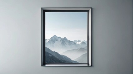 Serene mountain vista framed by a minimalist window showcasing a breathtaking landscape of snow-capped peaks and misty valleys, offering a peaceful and inspiring view.
