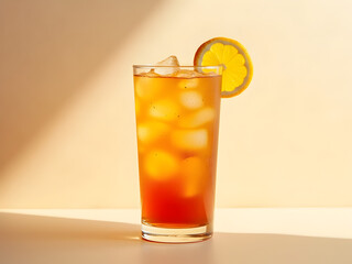 Passionfruit Iced Tea: A fragrant and fruity iced tea infused with passionfruit and a hint of orange, served in a tall glass with ice cubes and garnished with a slice of citrus.
