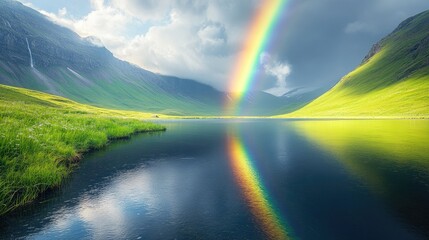 Obraz premium National Find Rainbow Day: vivid arc, colorful spectrum, radiant sky, vibrant hues, scenic view, serene beauty, prismatic wonder, natural phenomenon, luminous colors, enchanting light bright horizon.