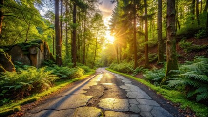 Naklejka premium Sunlit Forest Path A Serene Winding Road Through Lush Greenery and Tall Trees at Golden Hour