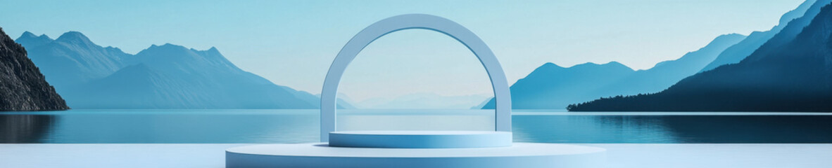 Obraz premium serene blue podium stands against tranquil lake and mountain backdrop, creating minimalist and peaceful atmosphere. Ideal for presentations or showcases