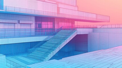 Futuristic building exterior, vibrant pastel colors, architectural stairs, city skyline in the background. Use architectural visualization, design inspiration