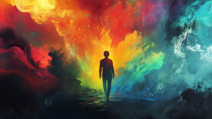 Obraz premium Vibrant Colors Merge as a Figure Steps Into a Surreal Landscape at Twilight