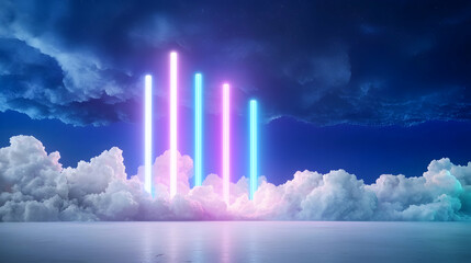 Fototapeta premium Neon lights above clouds, night sky, reflection, digital art, website banner