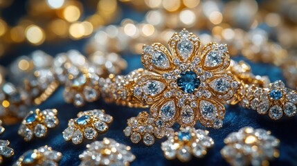 Fototapeta premium Exquisite gold and blue diamond jewelry collection on dark velvet
