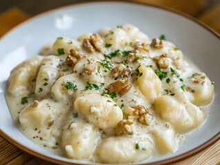 Creamy Gnocchi with Walnut and Parsley in Bowl - Italian Cuisine Delight