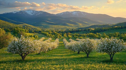 Serene Orchard Landscape at Sunset with Blossoming Trees and Majestic Mountains in Background