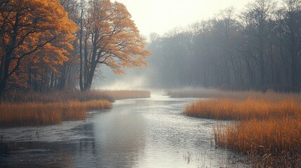 Tranquil autumn landscape featuring a serene river surrounded by golden foliage and mist