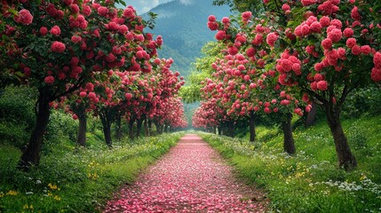 Serene pathway lined with blooming pink flowers, leading to mountains in the background