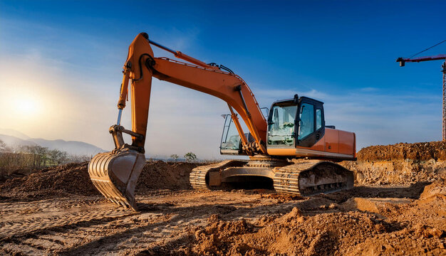 Orange Excavator at Sunset