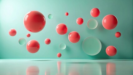 Abstract coral spheres and aqua discs float in a minimalist room