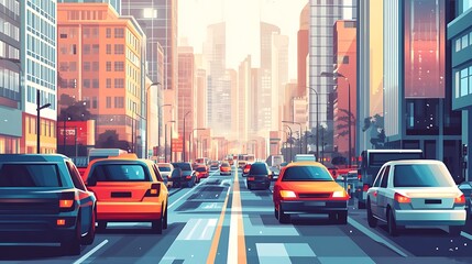 City Street Traffic Amidst Tall Buildings on a Sunny Day