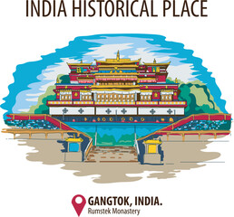 Vector city elements of Rumtek Monastery in Gangtok, India.