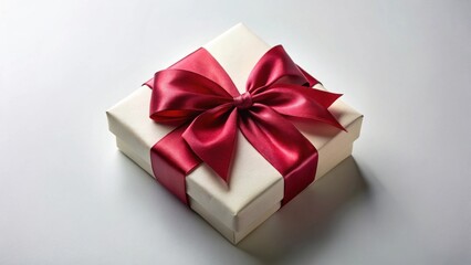 Obraz premium A luxuriously wrapped present, a gift box adorned with a rich crimson satin ribbon, tied in a perfect bow, suggests a thoughtful and special occasion
