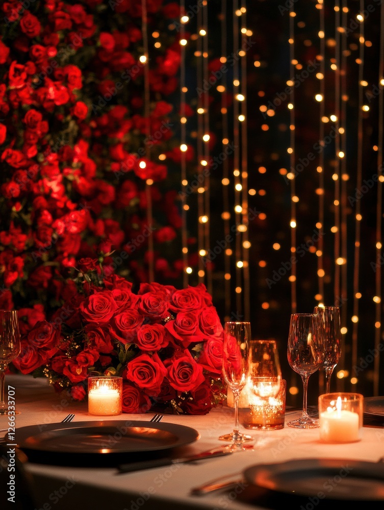 Poster Elegant romantic dinner setting with red roses and soft candlelight creating a cozy atmosphere for a special occasion. Generative AI