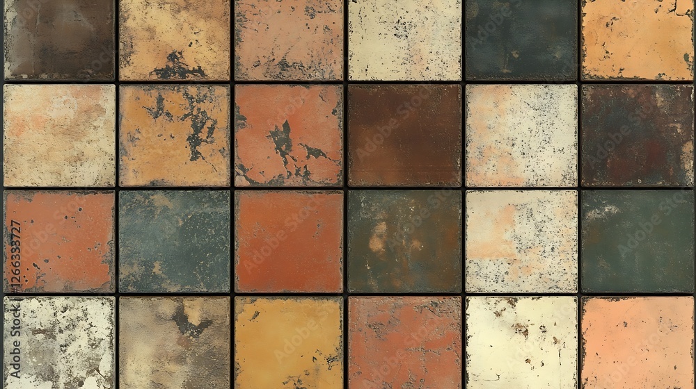 Fototapete artistic arrangement of aged square tiles with varied colors and textures creating a unique and vibr