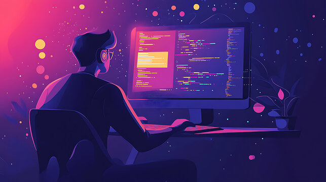 A developer coding on a computer with lines of code flowing on the screen (3)