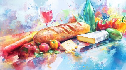 Colorful still life featuring bread, cheese, vegetables, and wine against an abstract background