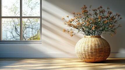 A beautifully arranged vase of flowers on a wooden floor, illuminated by soft sunlight through a window
