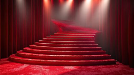Elegant red carpet staircase illuminated by dramatic lighting in a theater setting