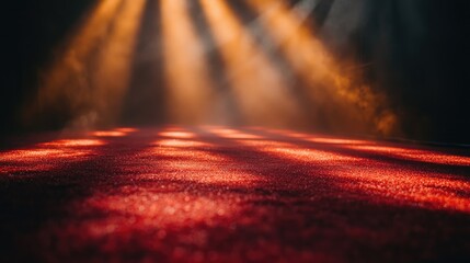 Dramatic red carpet illuminated by warm spotlight beams, creating a glamorous atmosphere